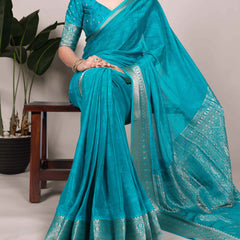 Firozi Color Self Printed With Zari Weaving Work Chinon Saree