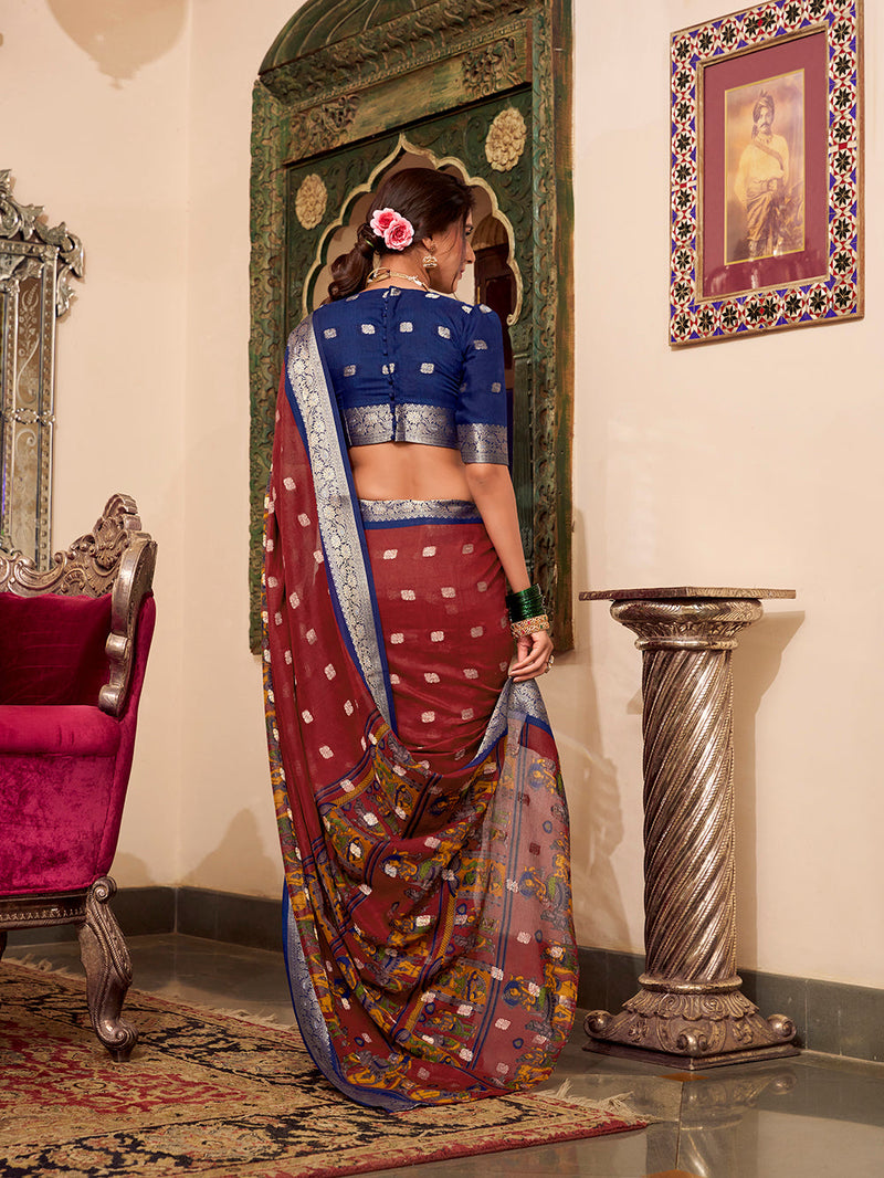 Maroon Color Kalamkari Print With Zari Weaving Work Poly Cotton Saree