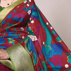 Maroon Color Printed With Zari Weaving Work Tussar Silk Saree