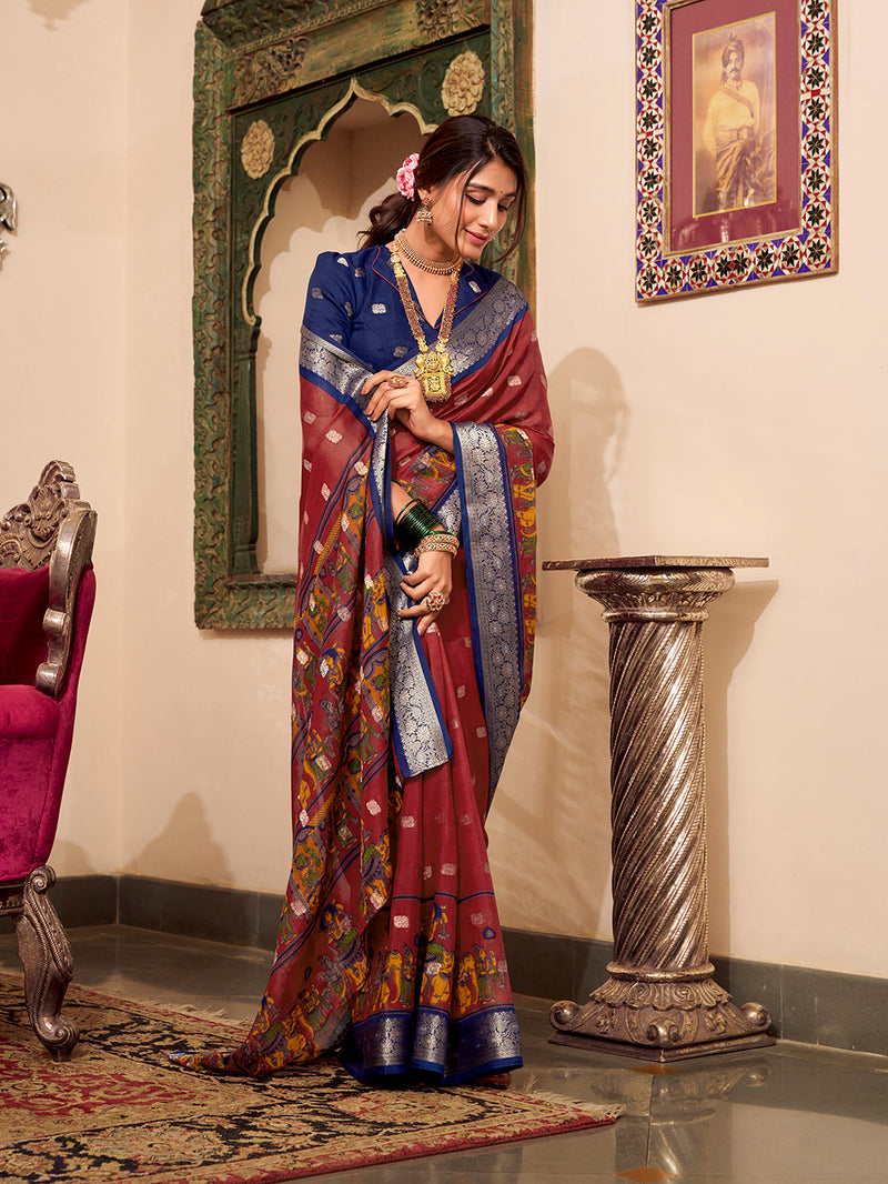 Maroon Color Kalamkari Print With Zari Weaving Work Poly Cotton Saree