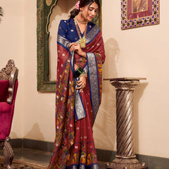 Maroon Color Kalamkari Print With Zari Weaving Work Poly Cotton Saree