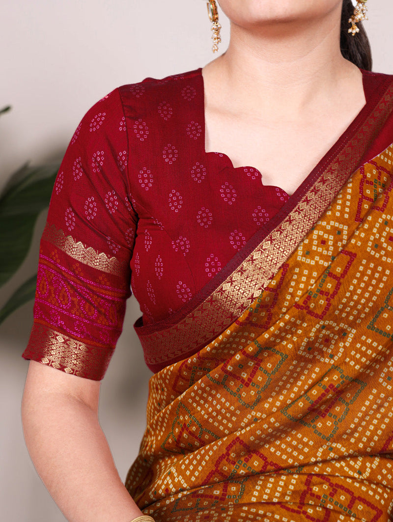 Mustard Color Bandhej Print With Zari Weaving Work Viscose Chanderi Saree