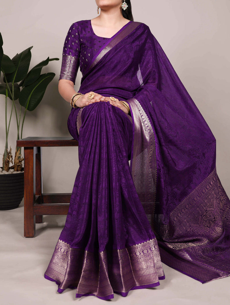 Purple Color Self Printed With Zari Weaving Work Chinon Saree