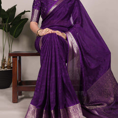 Purple Color Self Printed With Zari Weaving Work Chinon Saree