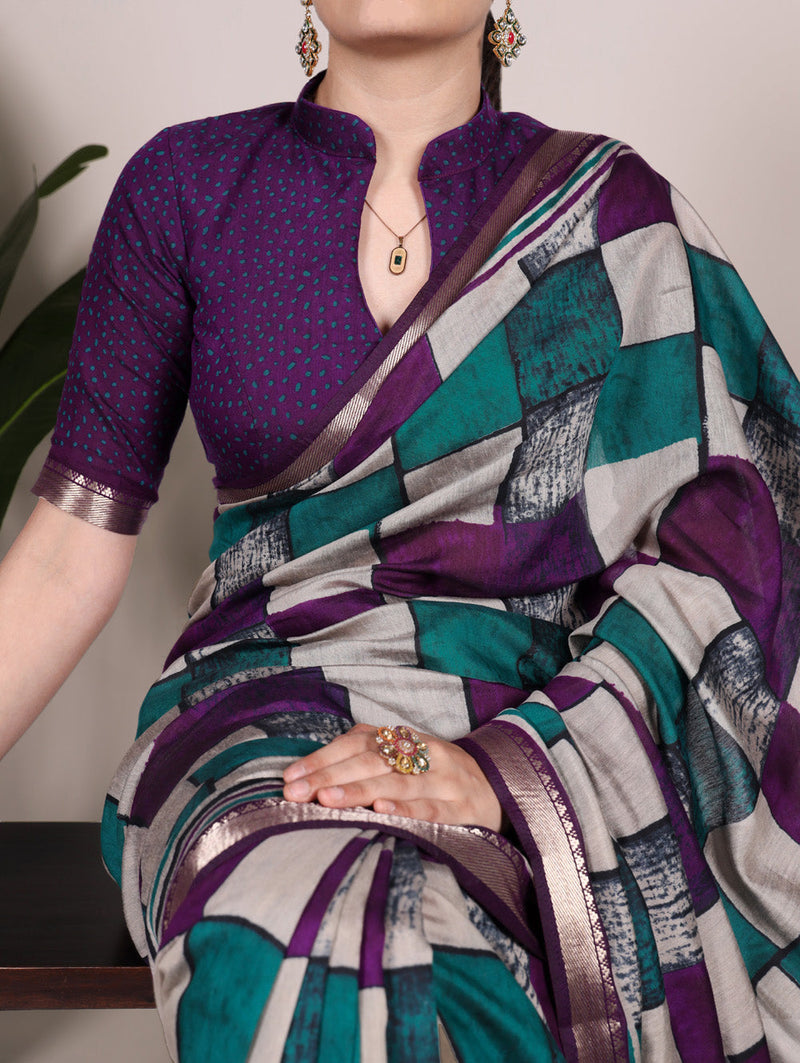 Purple Color Printed With Temple Border Polyester Viscose Chanderi Saree