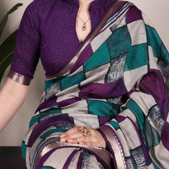 Purple Color Printed With Temple Border Polyester Viscose Chanderi Saree