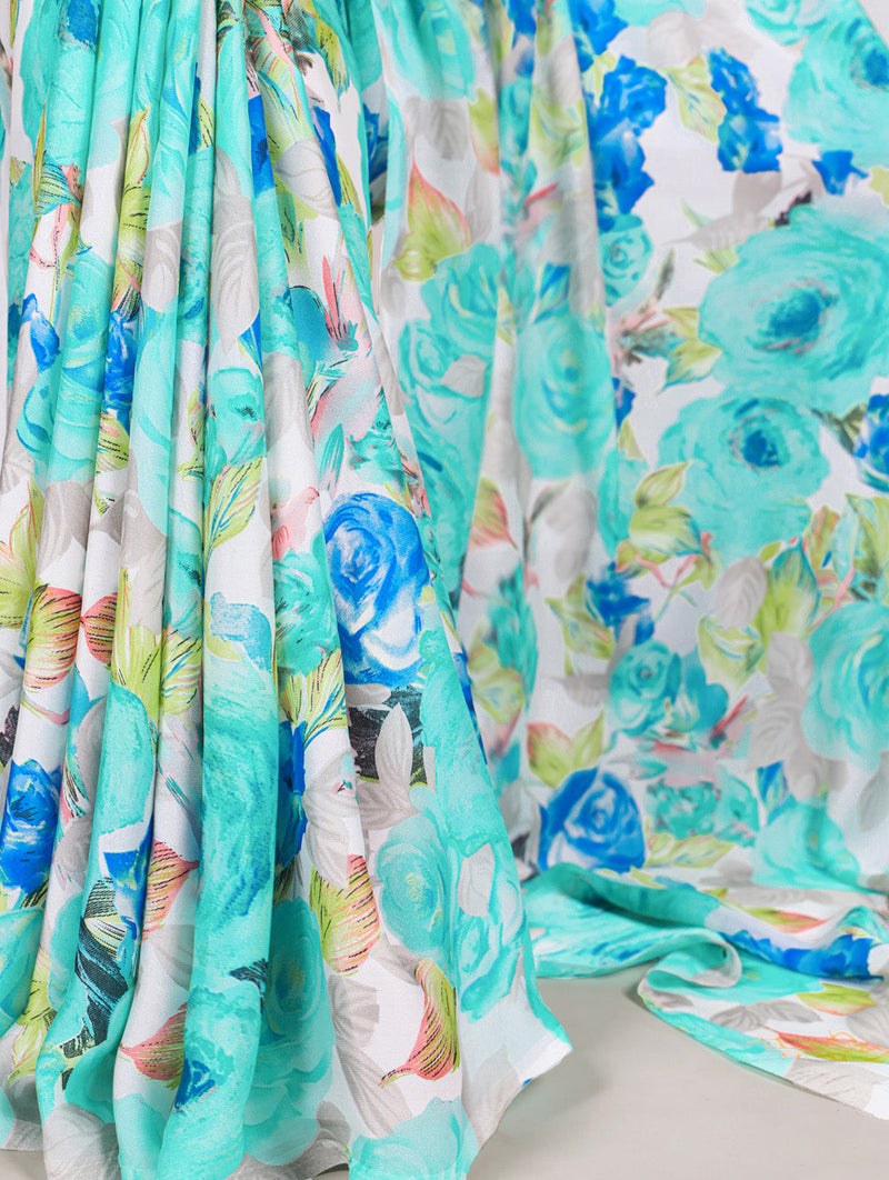 Firozi Color Floral Printed Dull Satin Silk Saree