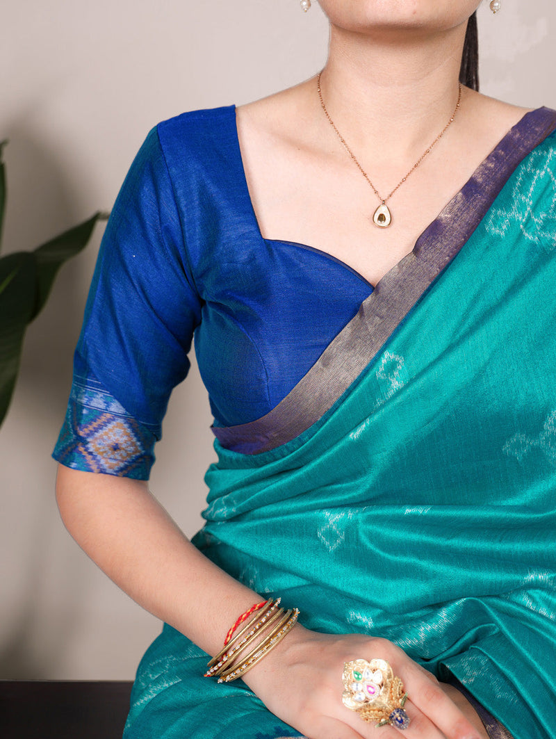Teal Color Printed With Zari Weaving Work Jacquard Silk Saree