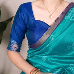 Teal Color Printed With Zari Weaving Work Jacquard Silk Saree