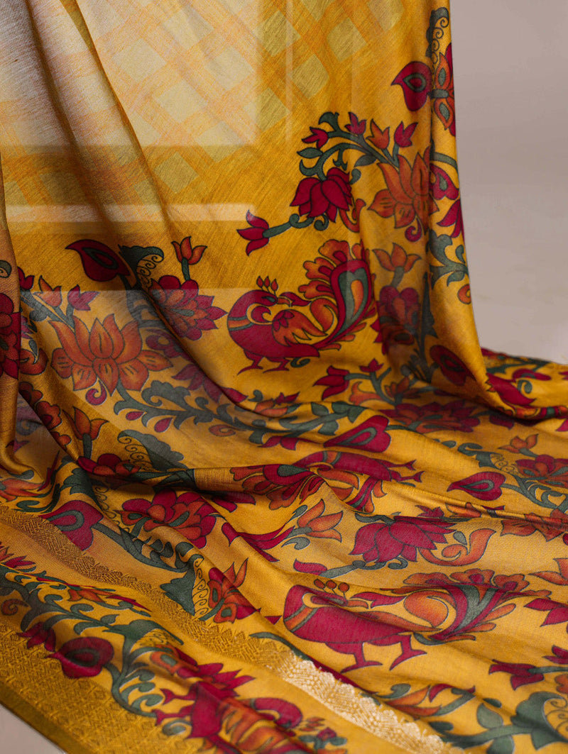 Mustard Color Printed With Zari Weaving Work Polyester Viscose Chanderi Saree
