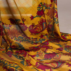 Mustard Color Printed With Zari Weaving Work Polyester Viscose Chanderi Saree