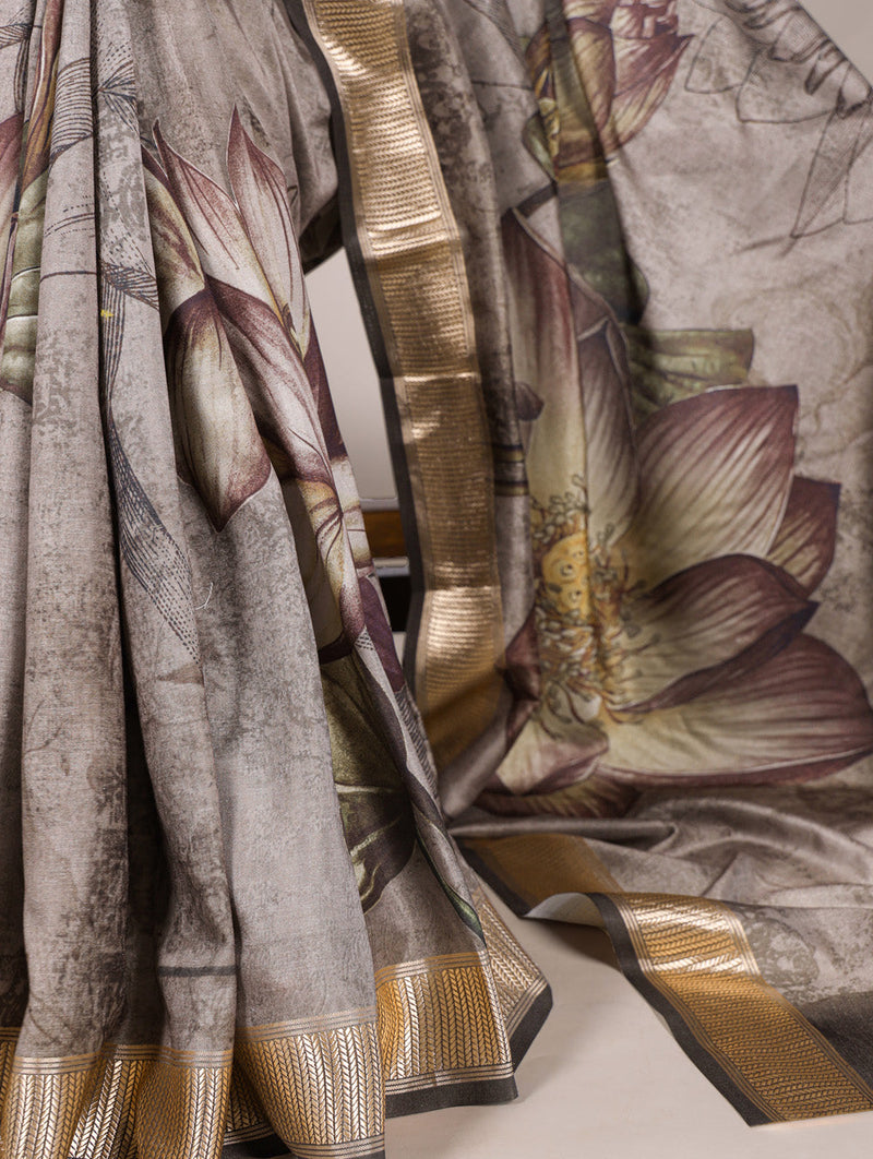 Mehandi Color Printed Tussar Silk With Viscose Border Saree