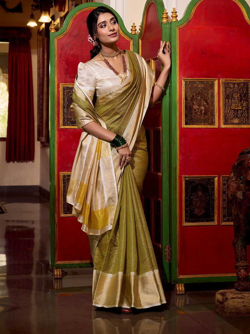 Green Color Zari Weaving Work Jacquard Chex South Saree