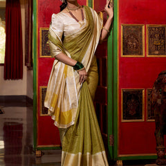 Green Color Zari Weaving Work Jacquard Chex South Saree