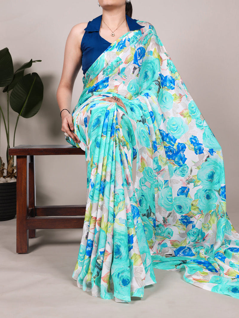 Firozi Color Floral Printed Dull Satin Silk Saree