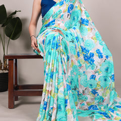 Firozi Color Floral Printed Dull Satin Silk Saree