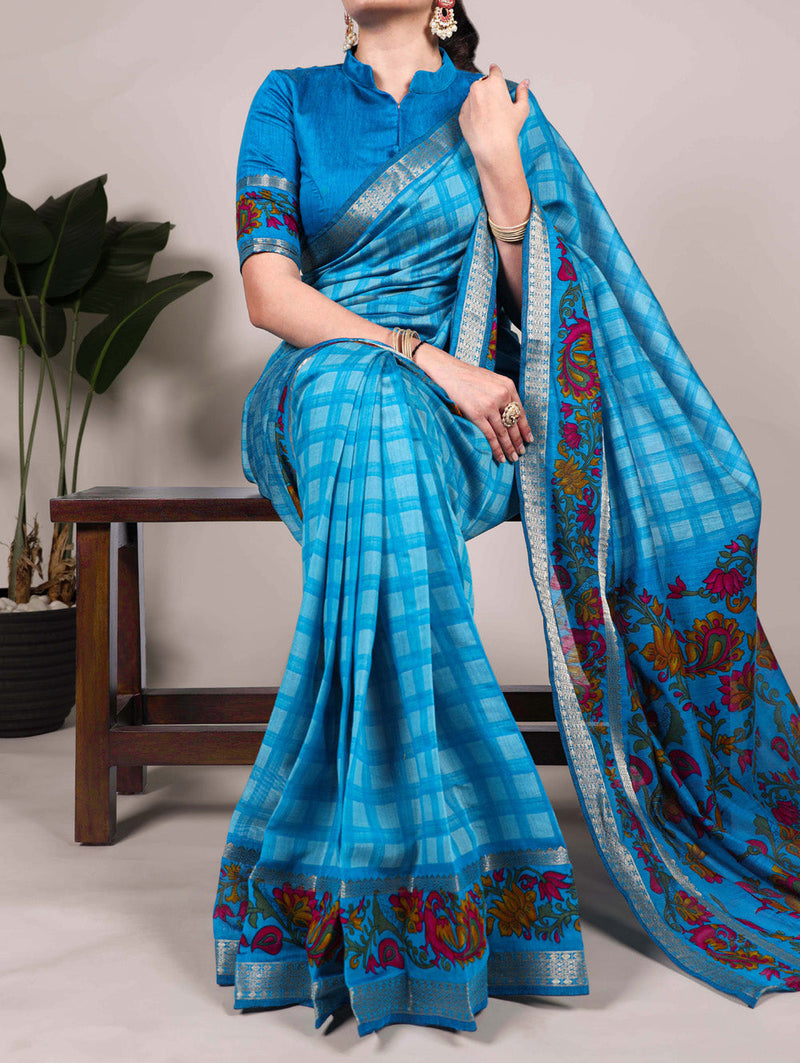 Sky Blue Color Printed With Zari Weaving Work Polyester Viscose Chanderi Saree