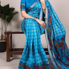 Sky Blue Color Printed With Zari Weaving Work Polyester Viscose Chanderi Saree