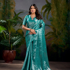 Firozi Color Zari Weaving Work With Kanjivaram Saree