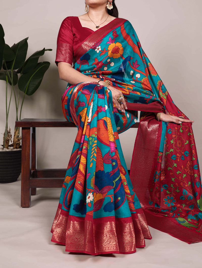 Firozi Color Printed With Zari Weaving Work Tussar Silk Saree