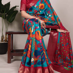 Firozi Color Printed With Zari Weaving Work Tussar Silk Saree