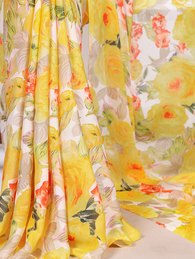 Yellow Color Floral Printed Dull Satin Silk Saree