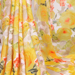 Yellow Color Floral Printed Dull Satin Silk Saree