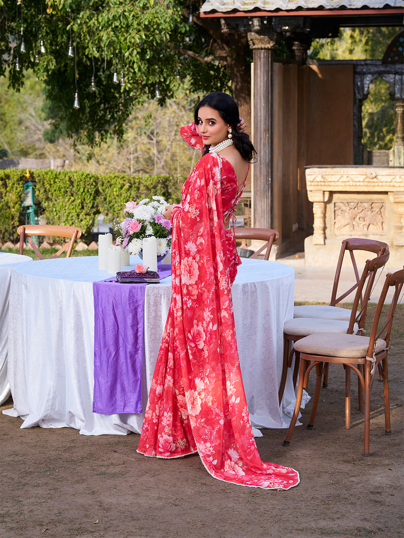 Red Color Printed With Peral Lace Border Weightless Marbal