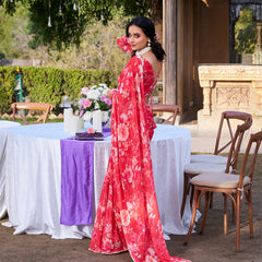 Red Color Printed With Peral Lace Border Weightless Marbal