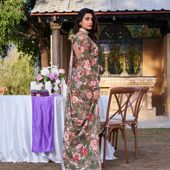 Mehandi Color Printed With Peral Lace Border Weightless Marbal