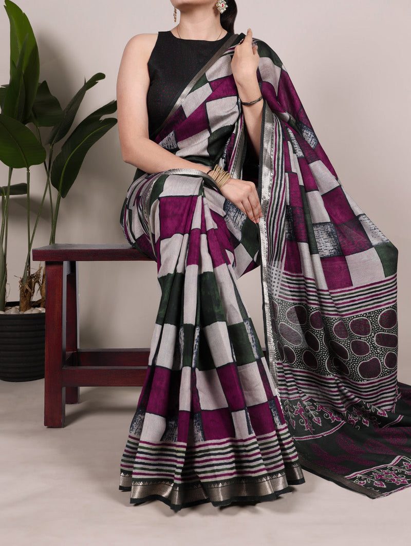 Green Color Printed With Temple Border Polyester Viscose Chanderi Saree