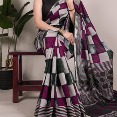 Green Color Printed With Temple Border Polyester Viscose Chanderi Saree