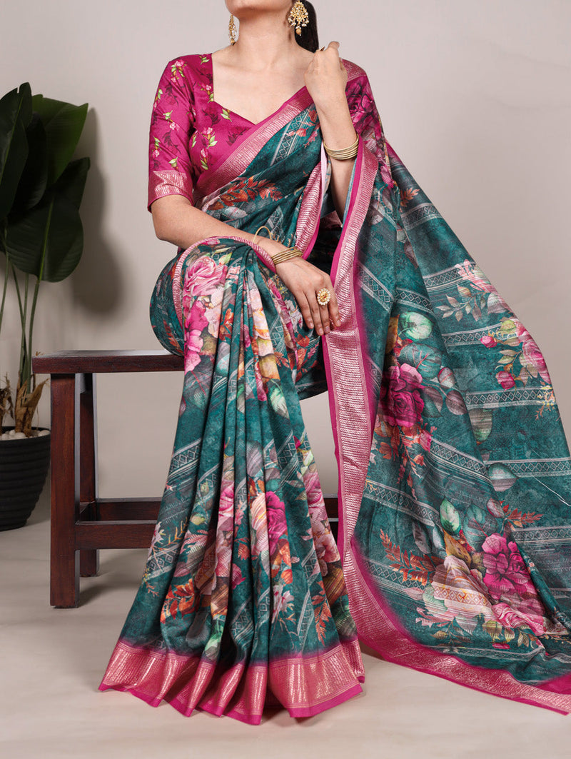 Green Color Printed Tussar Silk With Viscose Border Saree