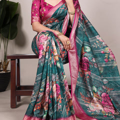 Green Color Printed Tussar Silk With Viscose Border Saree