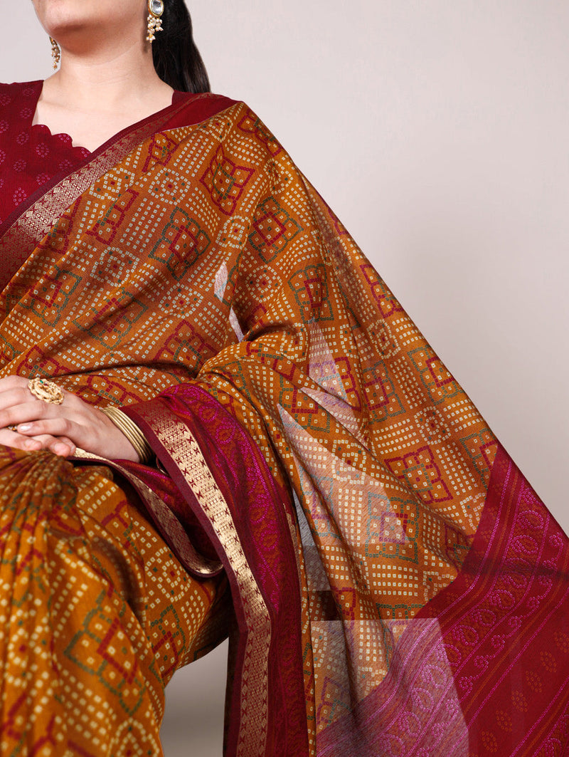 Mustard Color Bandhej Print With Zari Weaving Work Viscose Chanderi Saree