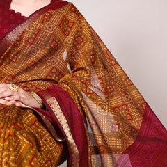 Mustard Color Bandhej Print With Zari Weaving Work Viscose Chanderi Saree