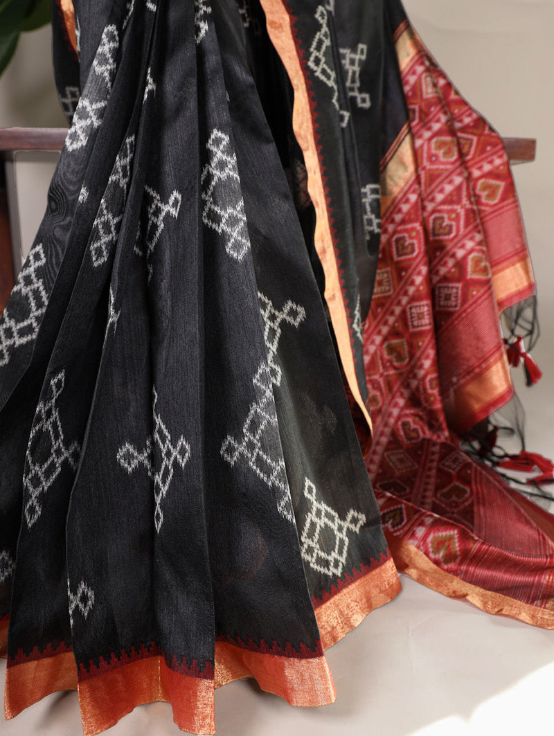 Black Color Printed With Zari Weaving Work Jacquard Silk Saree