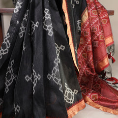 Black Color Printed With Zari Weaving Work Jacquard Silk Saree