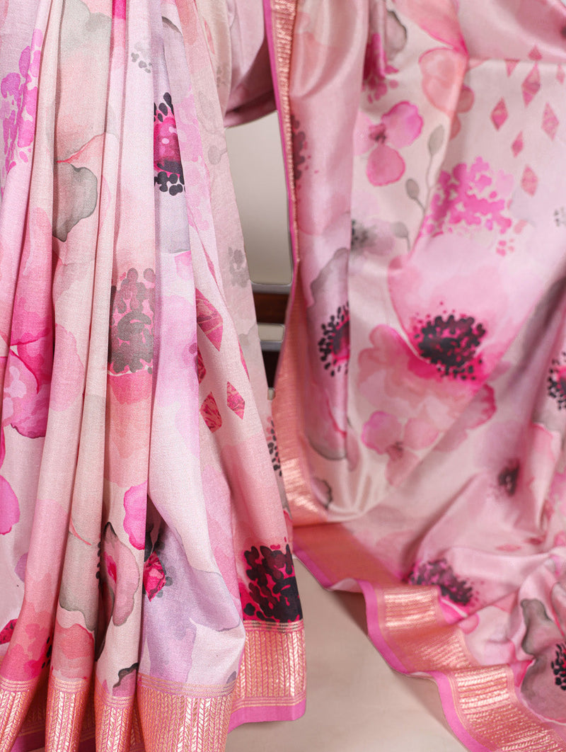 Pink Color Printed Tussar Silk With Viscose Border Saree