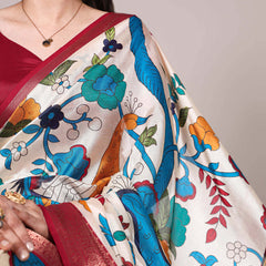 Off White Color Printed With Zari Weaving Work Tussar Silk Saree