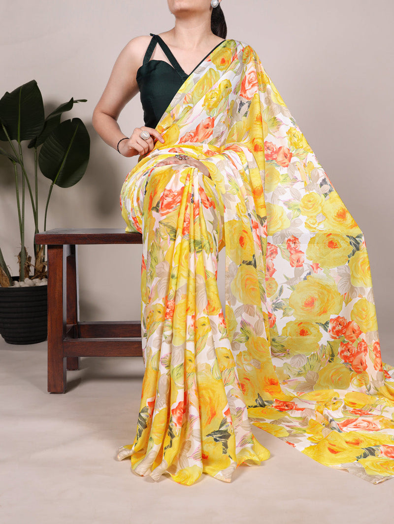 Yellow Color Floral Printed Dull Satin Silk Saree
