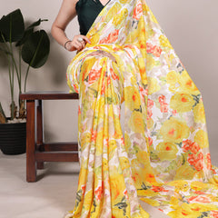 Yellow Color Floral Printed Dull Satin Silk Saree