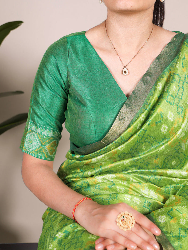 Pista Color Patola Print With Zari Weaving Work Jacquard Silk Saree