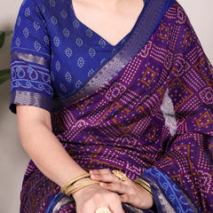 Purple Color Bandhej Print With Zari Weaving Work Viscose Chanderi Saree