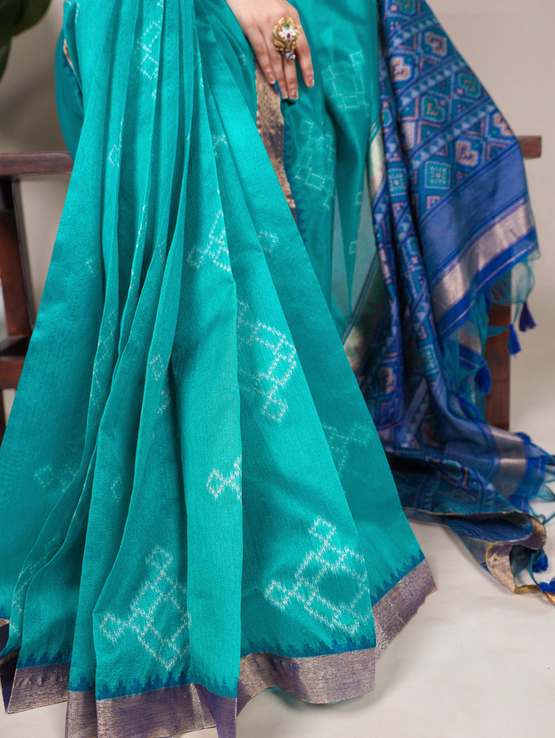 Teal Color Printed With Zari Weaving Work Jacquard Silk Saree