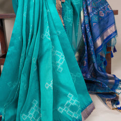 Teal Color Printed With Zari Weaving Work Jacquard Silk Saree