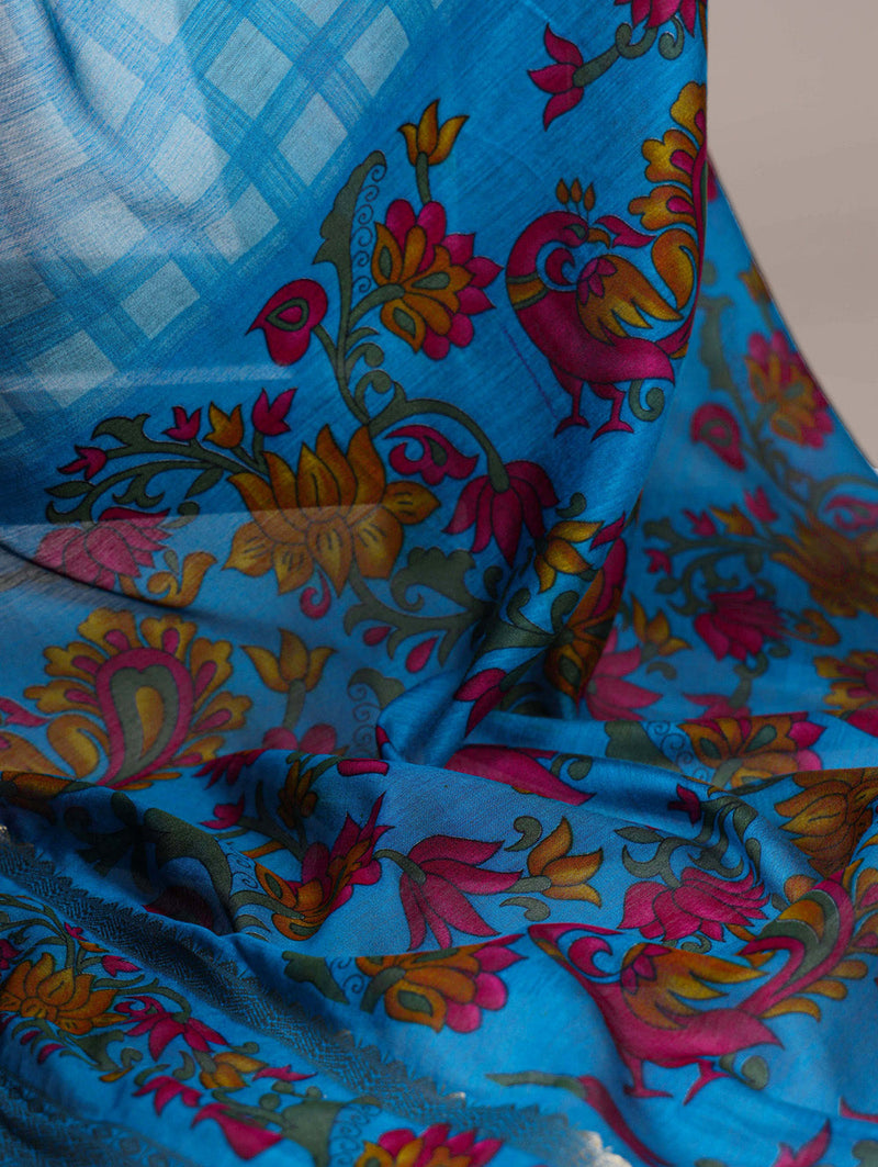 Sky Blue Color Printed With Zari Weaving Work Polyester Viscose Chanderi Saree