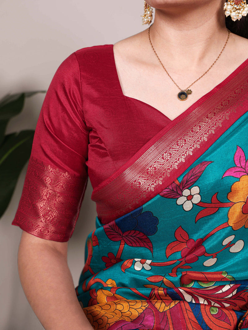 Firozi Color Printed With Zari Weaving Work Tussar Silk Saree