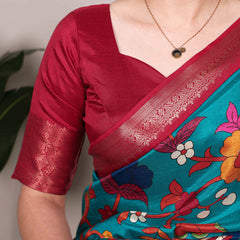 Firozi Color Printed With Zari Weaving Work Tussar Silk Saree