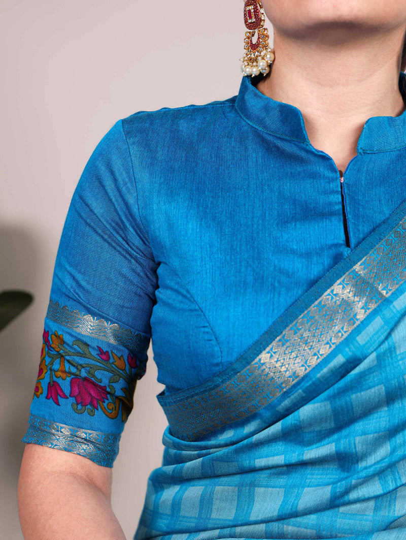 Sky Blue Color Printed With Zari Weaving Work Polyester Viscose Chanderi Saree